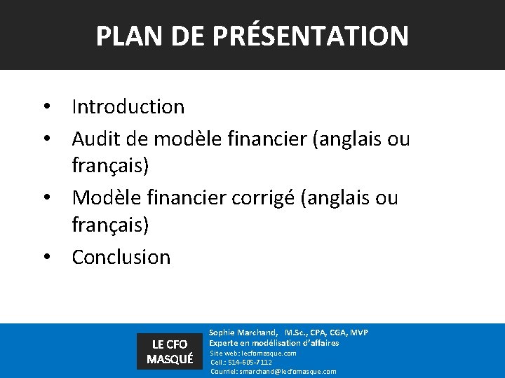 PLAN DE PRÉSENTATION • Introduction • Audit de modèle financier (anglais ou français) •