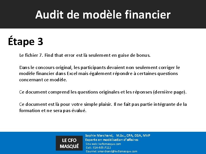 Audit de modèle financier Étape 3 Le fichier 7. Find that error est là