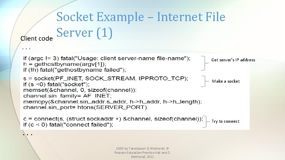 Socket Example – Internet File Server (1) Client code. . . Get server’s IP