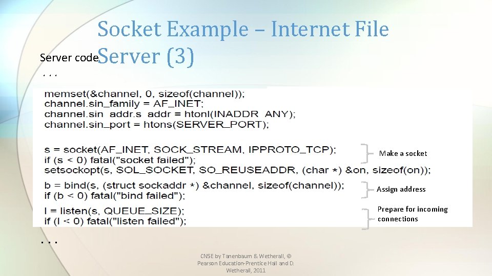 Socket Example – Internet File Server code. Server (3). . . Make a socket