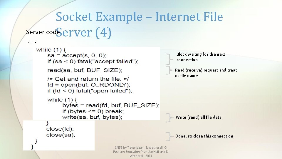 Socket Example – Internet File Server code Server (4). . . Block waiting for