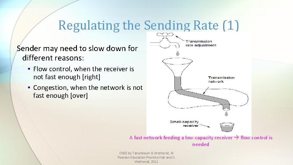 Regulating the Sending Rate (1) Sender may need to slow down for different reasons: