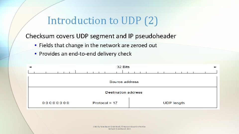 Introduction to UDP (2) Checksum covers UDP segment and IP pseudoheader • Fields that