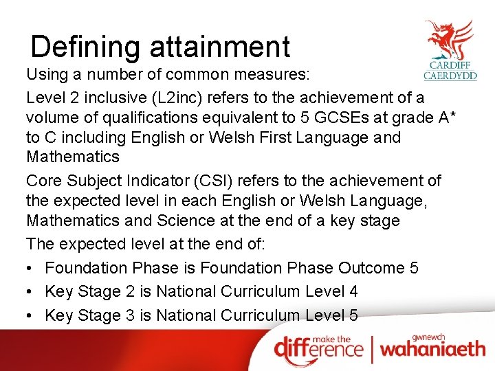 Defining attainment Using a number of common measures: Level 2 inclusive (L 2 inc)