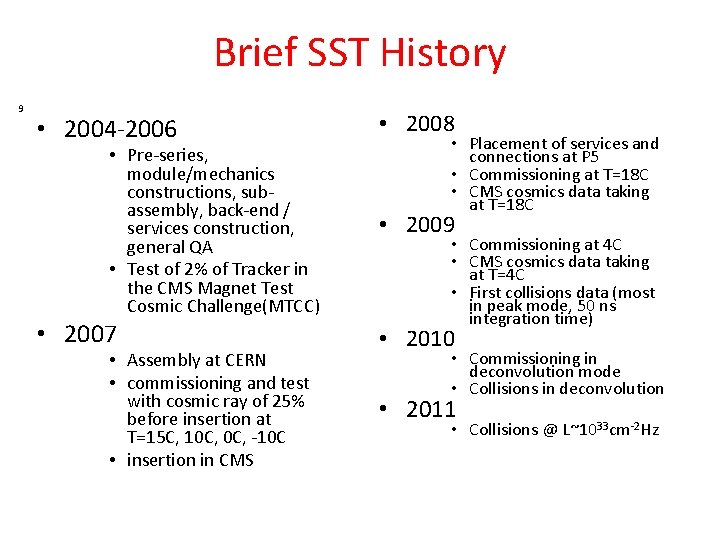 Brief SST History 9 • 2004‐ 2006 • Pre‐series, module/mechanics constructions, sub‐ assembly, back‐end