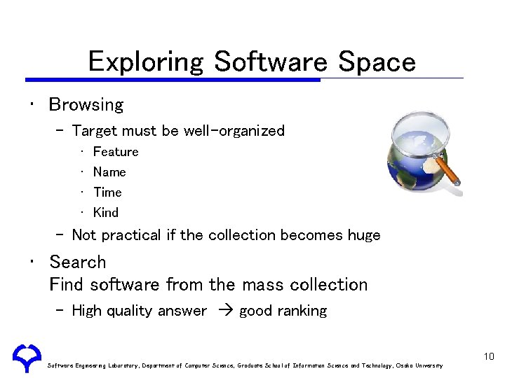 Exploring Software Space • Browsing – Target must be well-organized • • Feature Name