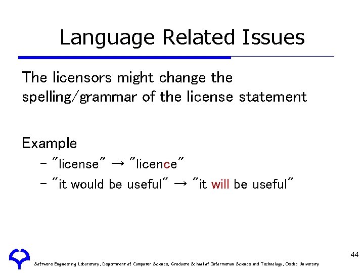 Language Related Issues The licensors might change the spelling/grammar of the license statement Example