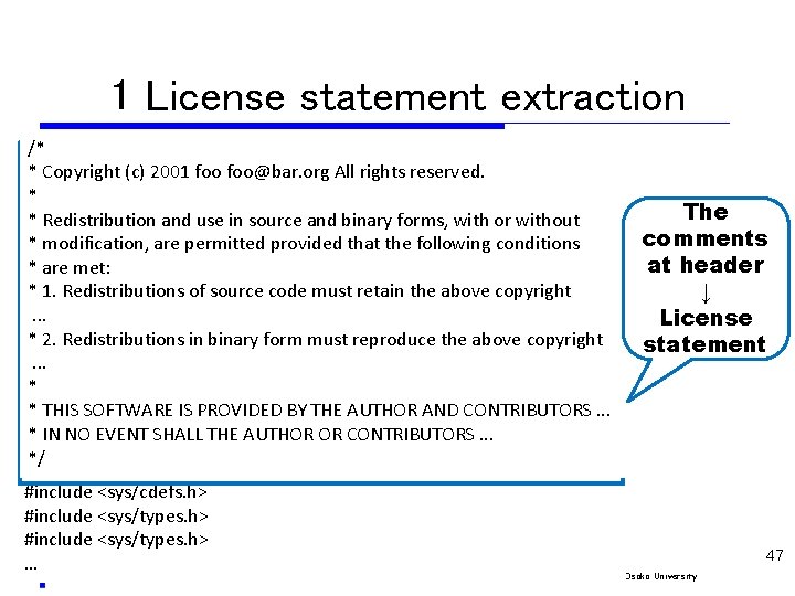 1 License statement extraction /* /* Copyright (c) 2001 foo foo@bar. org All rights
