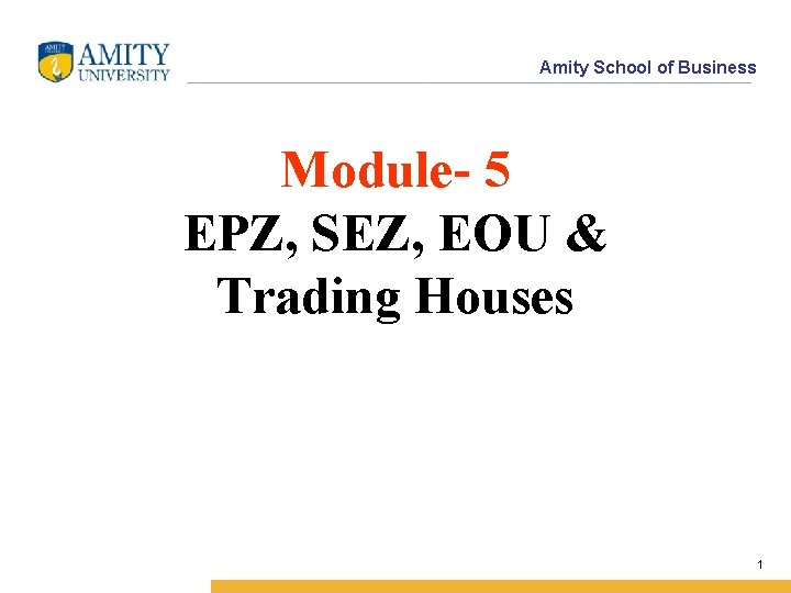 Amity School of Business Module- 5 EPZ, SEZ, EOU & Trading Houses 1 