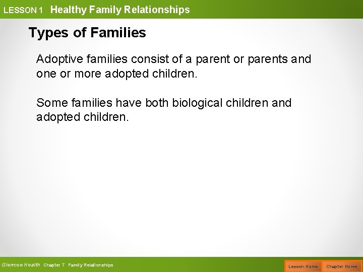 LESSON 1 Healthy Family Relationships Types of Families Adoptive families consist of a parent