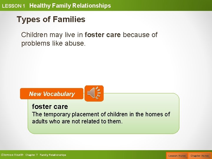 LESSON 1 Healthy Family Relationships Types of Families Children may live in foster care