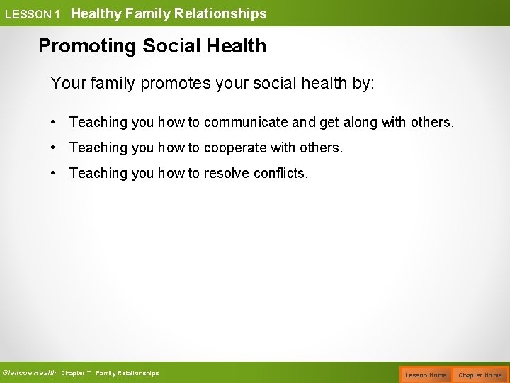 LESSON 1 Healthy Family Relationships Promoting Social Health Your family promotes your social health