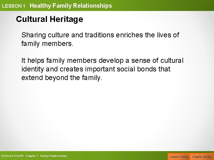 LESSON 1 Healthy Family Relationships Cultural Heritage Sharing culture and traditions enriches the lives