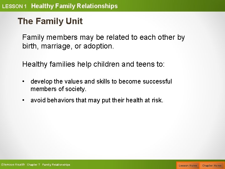 LESSON 1 Healthy Family Relationships The Family Unit Family members may be related to