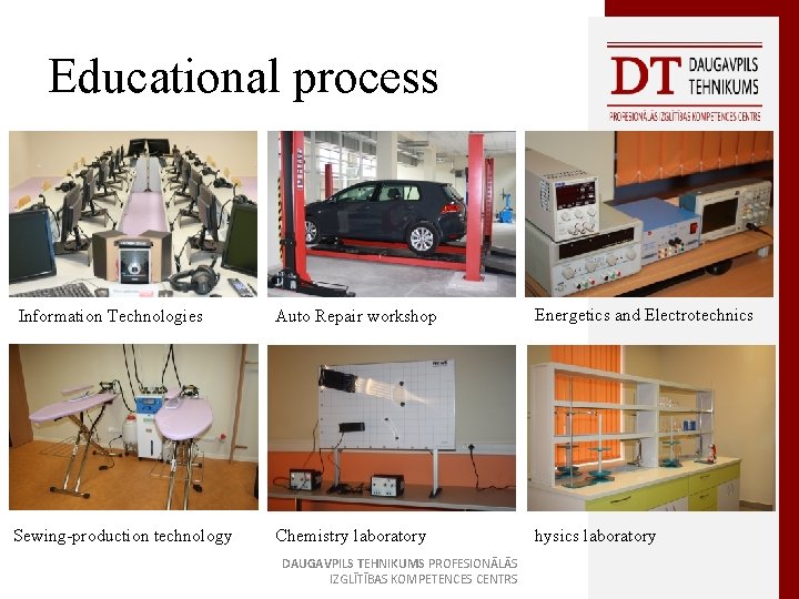 Educational process Information Technologies Auto Repair workshop Energetics and Electrotechnics Sewing-production technology Chemistry laboratory