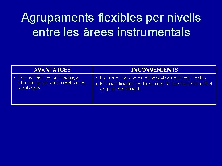 Agrupaments flexibles per nivells entre les àrees instrumentals AVANTATGES • És més fàcil per