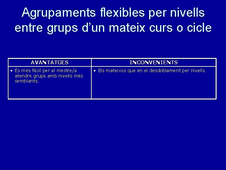 Agrupaments flexibles per nivells entre grups d’un mateix curs o cicle AVANTATGES • És