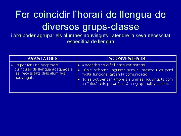 Fer coincidir l’horari de llengua de diversos grups-classe i així poder agrupar els alumnes