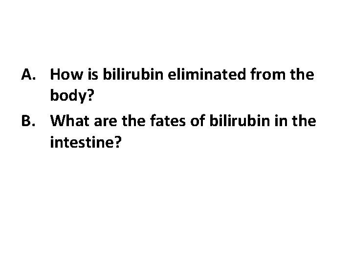 A. How is bilirubin eliminated from the body? B. What are the fates of