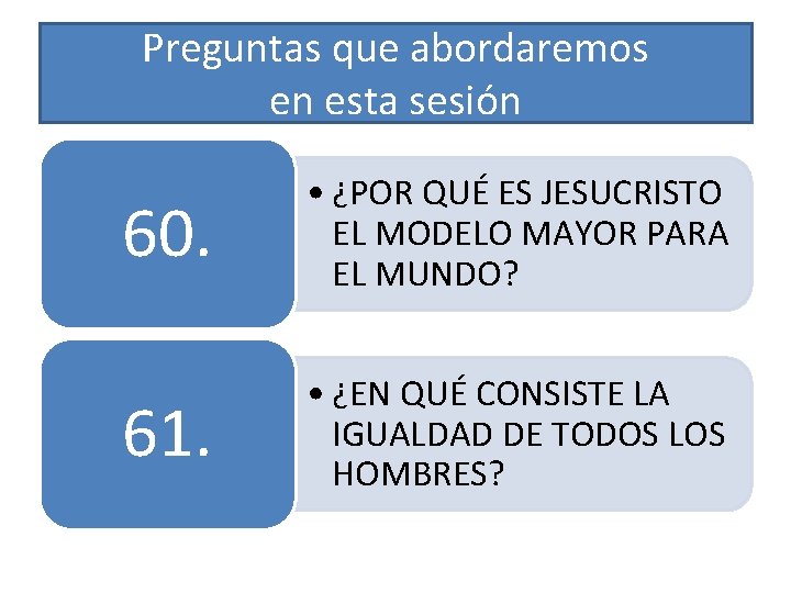 Preguntas que abordaremos en esta sesión 60. • ¿POR QUÉ ES JESUCRISTO EL MODELO