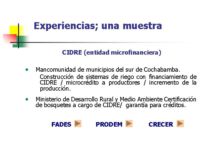 Experiencias; una muestra CIDRE (entidad microfinanciera) • Mancomunidad de municipios del sur de Cochabamba.