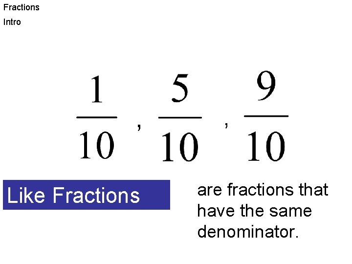 Fractions Intro , Like Fractions , are fractions that have the same denominator. 