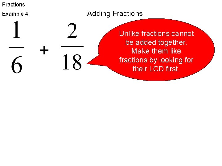 Fractions Adding Fractions Example 4 + Unlike fractions cannot be added together. Make them