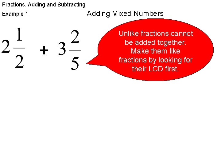 Fractions, Adding and Subtracting Adding Mixed Numbers Example 1 + Unlike fractions cannot be