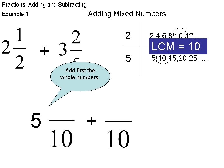 Fractions, Adding and Subtracting Adding Mixed Numbers Example 1 + Add first the whole