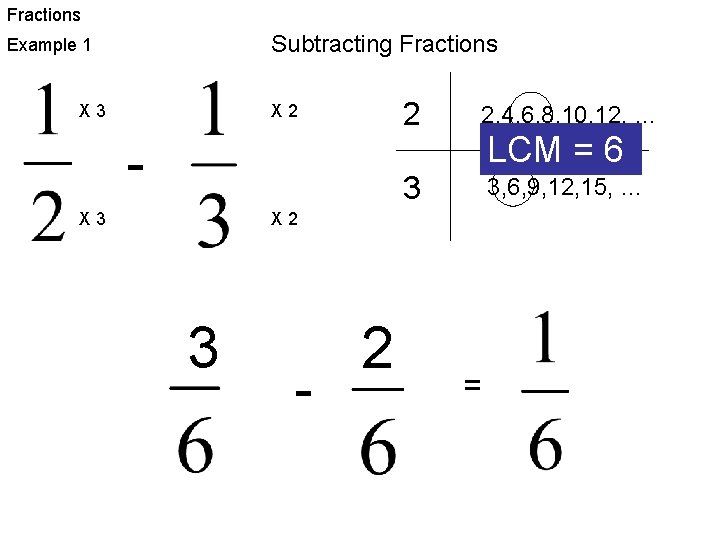 Fractions Subtracting Fractions Example 1 X 3 X 2 X 3 2 2, 4,