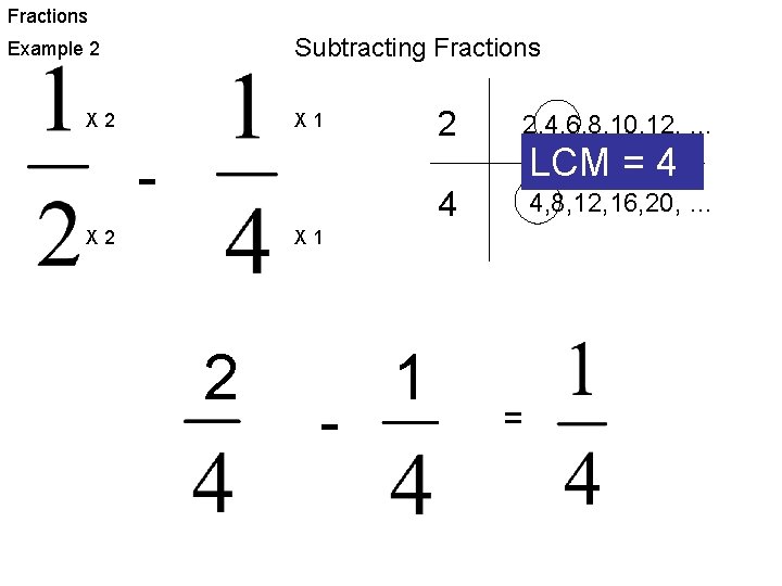 Fractions Subtracting Fractions Example 2 X 1 X 2 2 2, 4, 6, 8,