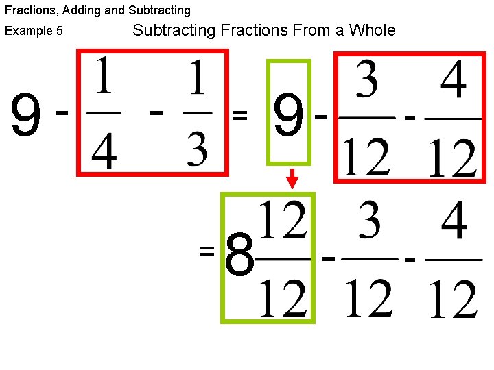 Fractions, Adding and Subtracting Example 5 9 Subtracting Fractions From a Whole = =