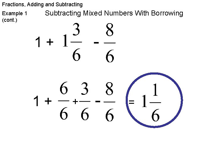 Fractions, Adding and Subtracting Example 1 (cont. ) Subtracting Mixed Numbers With Borrowing -