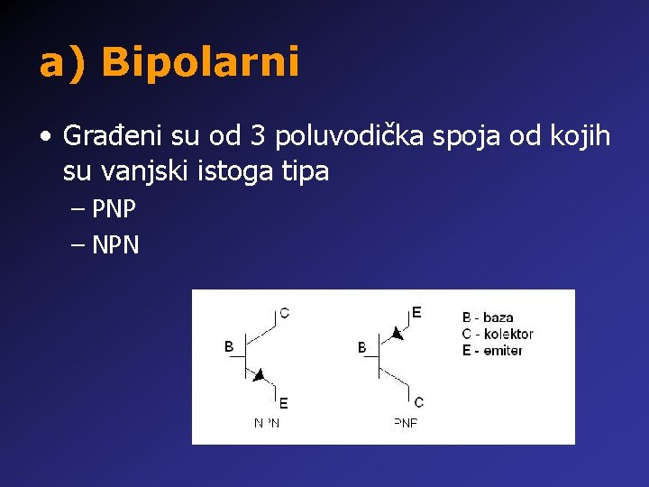 a) Bipolarni • Građeni su od 3 poluvodička spoja od kojih su vanjski istoga