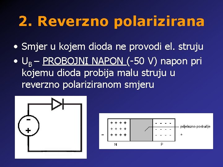 2. Reverzno polarizirana • Smjer u kojem dioda ne provodi el. struju • UB