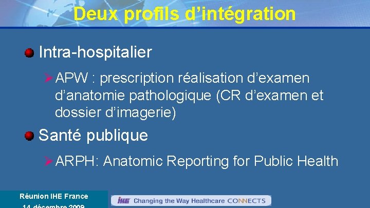 Deux profils d’intégration Intra-hospitalier Ø APW : prescription réalisation d’examen d’anatomie pathologique (CR d’examen