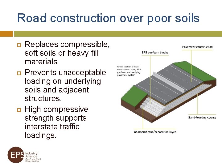 Road construction over poor soils Replaces compressible, soft soils or heavy fill materials. Prevents