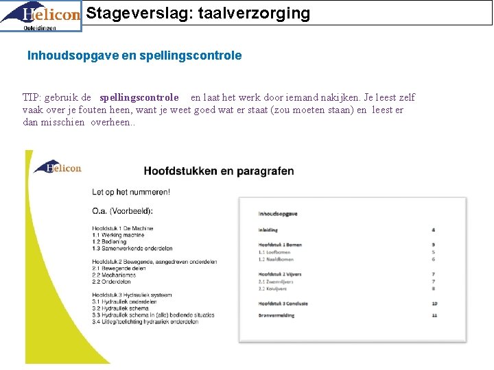Stageverslag: taalverzorging Inhoudsopgave en spellingscontrole TIP: gebruik de spellingscontrole en laat het werk door