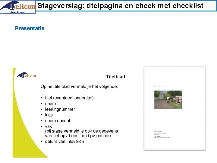 Stageverslag: titelpagina en check met checklist Presentatie 