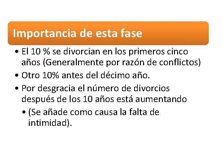 Importancia de esta fase • El 10 % se divorcian en los primeros cinco