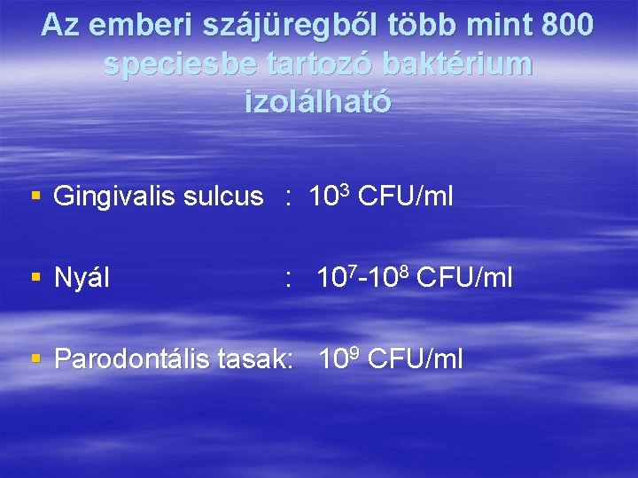 Az emberi szájüregből több mint 800 speciesbe tartozó baktérium izolálható § Gingivalis sulcus :