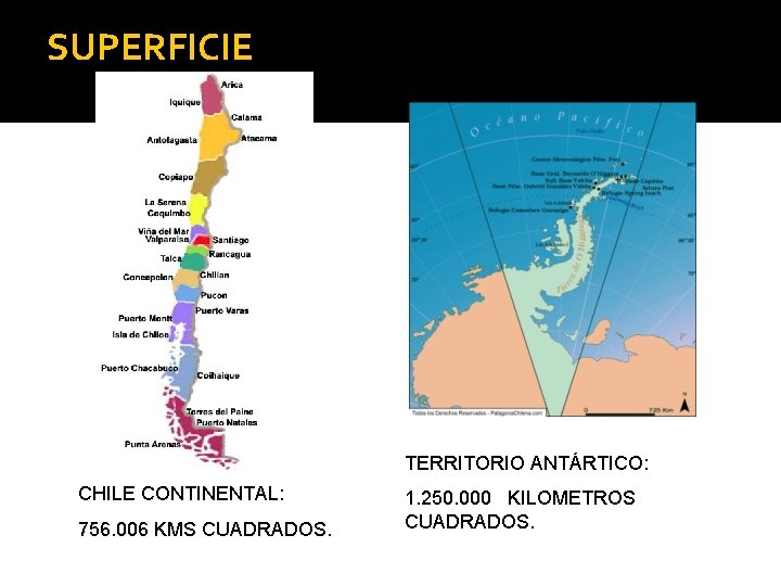 SUPERFICIE TERRITORIO ANTÁRTICO: CHILE CONTINENTAL: 756. 006 KMS CUADRADOS. 1. 250. 000 KILOMETROS CUADRADOS.