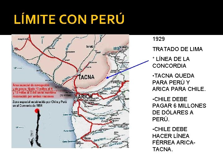 LÍMITE CON PERÚ 1929 TRATADO DE LIMA * LÍNEA DE LA CONCORDIA • TACNA