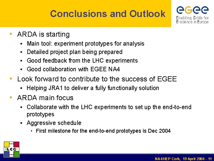 Conclusions and Outlook • ARDA is starting § Main tool: experiment prototypes for analysis