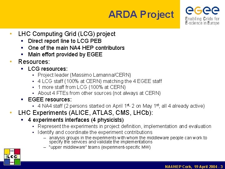 ARDA Project • LHC Computing Grid (LCG) project § Direct report line to LCG