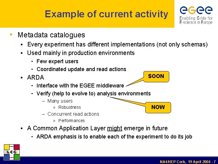 Example of current activity • Metadata catalogues § Every experiment has different implementations (not
