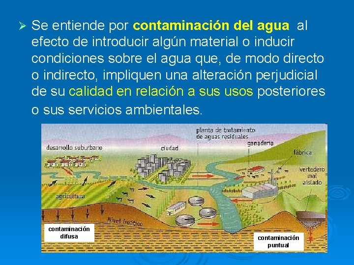 Ø Se entiende por contaminación del agua al efecto de introducir algún material o