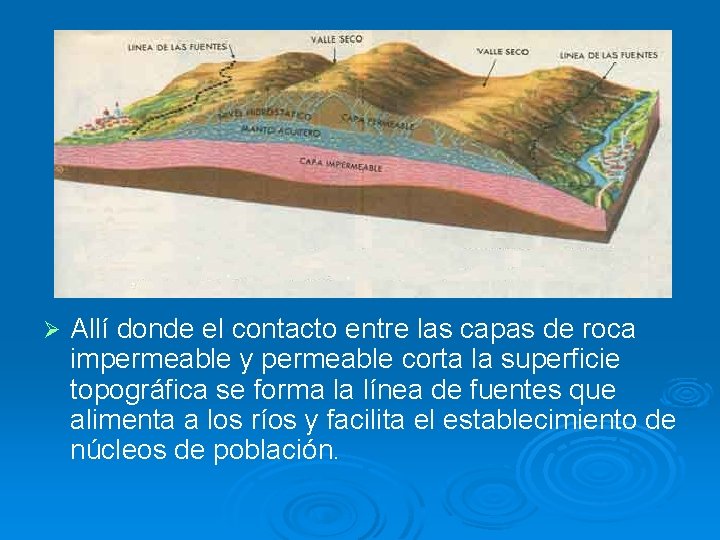 Ø Allí donde el contacto entre las capas de roca impermeable y permeable corta