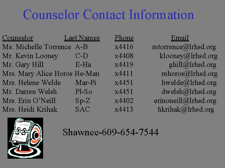 Counselor Contact Information Counselor Last Names Ms. Michelle Torrence A-B Mr. Kevin Looney C-D