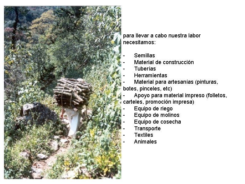 para llevar a cabo nuestra labor necesitamos: Semillas Material de construcción Tuberías Herramientas Material